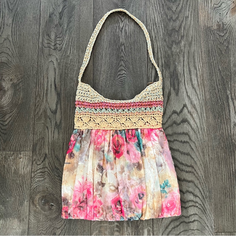 CAPPELLI Vintage Straworld Woven Straw and Watercolor Floral Shoulder Bag